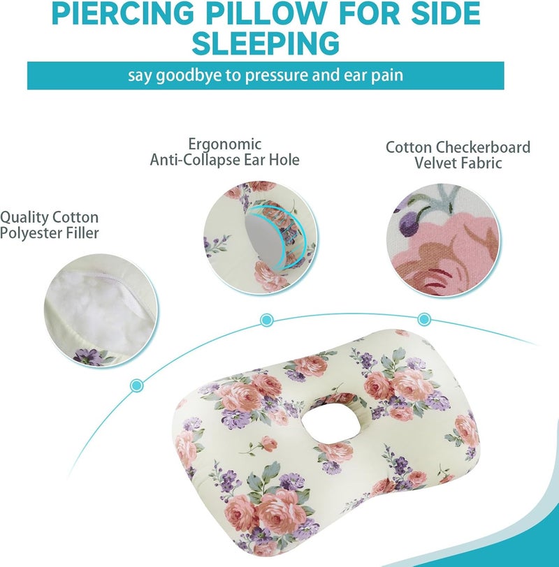 Wuronsa Ear Piercing Pillow with an Ear Hole, Cotton and Polyester Side Sleeping Pillow for CNH and Ear Pain Ear Inflammation Pressure Sores for Side Sleepers, Ear Guard Pillow (Red Flower) - Image 3